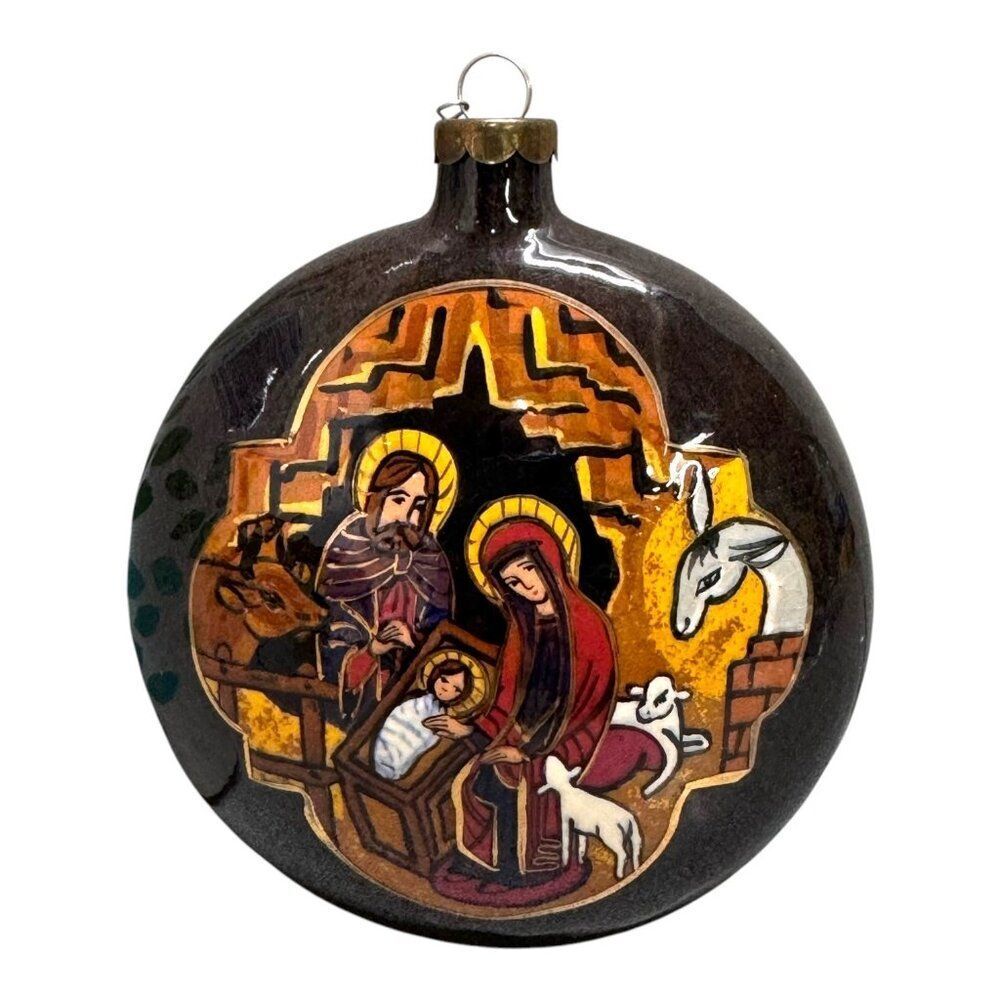 Handcrafted Painted Nativity Scene Glass Ornament Christmas Decor Vintage Retro
